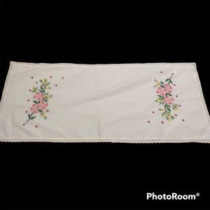 Vintage White Table Runner Dresser Scarf Pink Yellow Red Cross Sitch Flowers